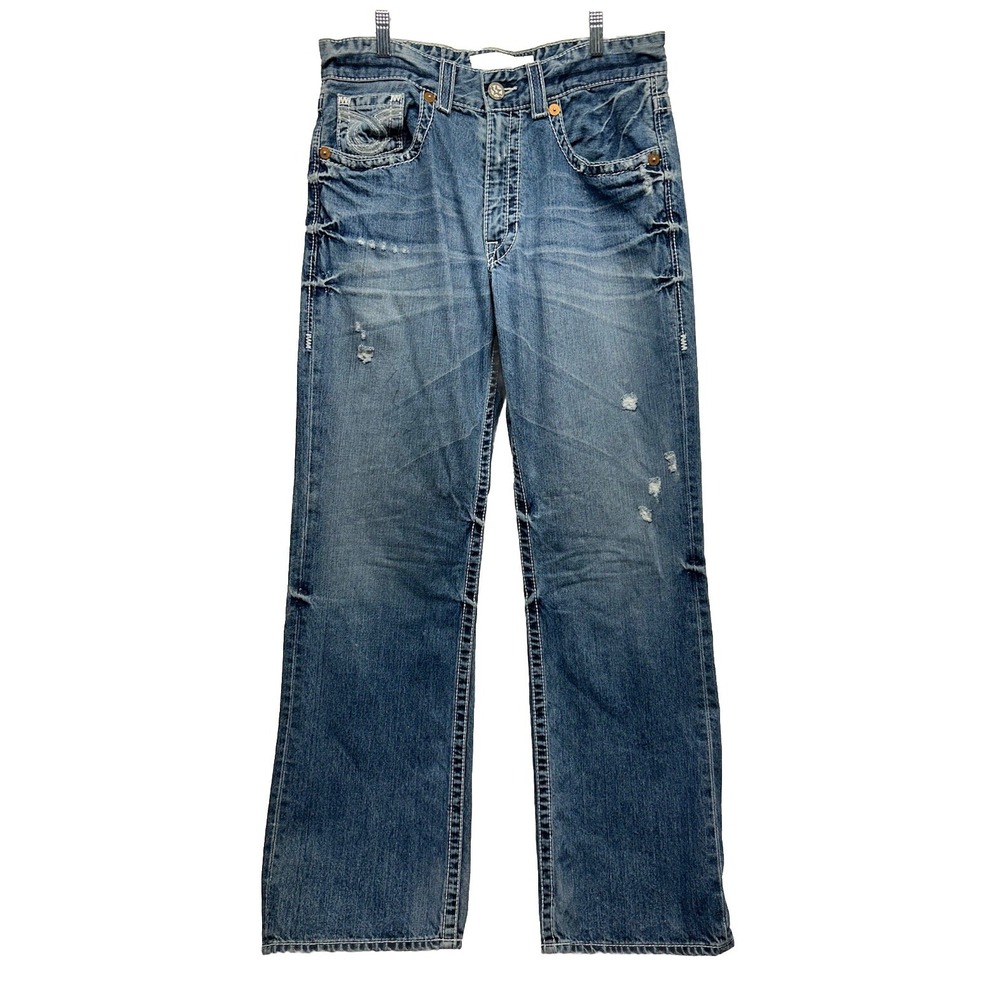 Big Star Mens Size 34 Blue Voyager Straight Denim Distressed Jeans (K9)
